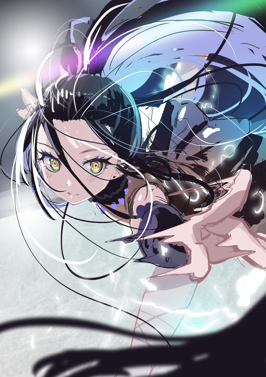 1girl black_dress black_hair blurry blurry_foreground commentary dress earrings figure_skating figure_skating_dress foreshortening highres ice_skating image_warping jewelry kamisaki_hikaru l.f. leg_up long_hair medalist_(manga) parted_lips ponytail skating skating_rink sketch sleeveless sleeveless_dress solo stud_earrings very_long_hair yellow_eyes