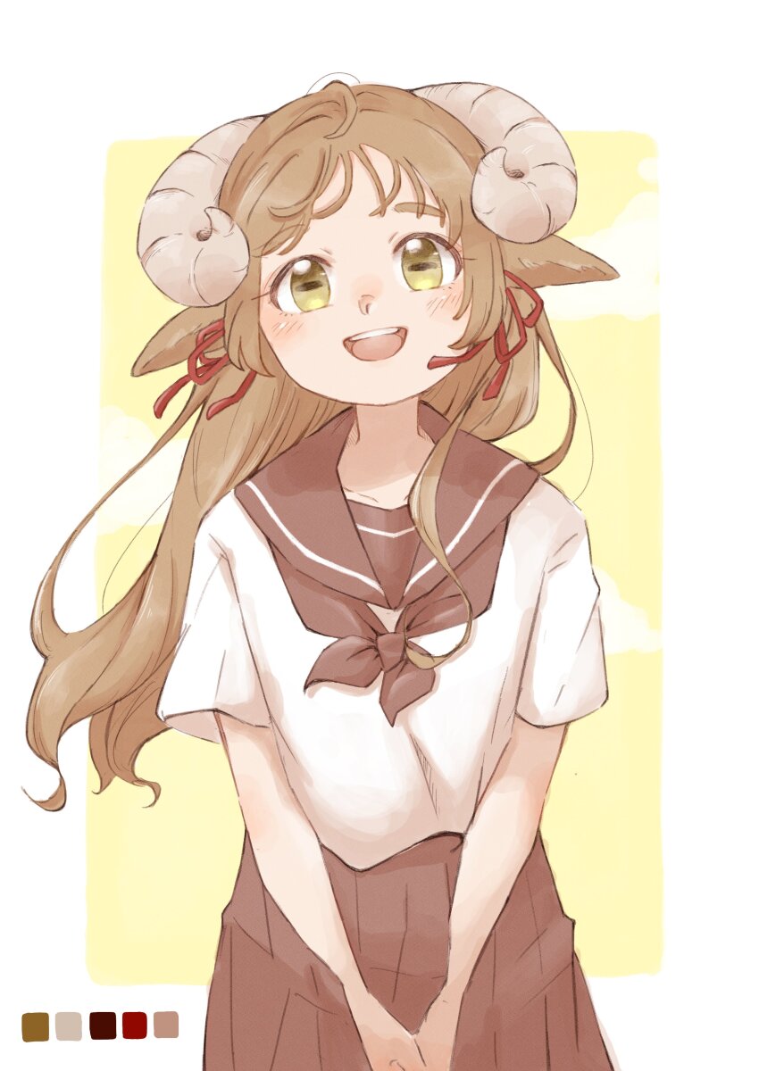 0nanaten 1girl :d absurdres animal_ears bare_arms brown_hair brown_neckerchief brown_skirt color_guide commentary cowboy_shot green_eyes hair_ribbon highres horizontal_pupils horns long_hair looking_at_viewer neckerchief open_mouth original pleated_skirt red_ribbon ribbon school_uniform serafuku sheep_ears sheep_girl sheep_horns short_sleeves simple_background skirt smile solo teeth upper_teeth_only v_arms yellow_background