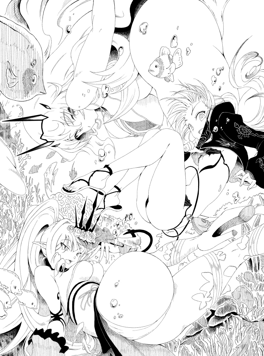 3girls absurdres ass baobhan_sith_(fate) baobhan_sith_(swimsuit_pretender)_(third_ascension)_(fate) barghest_(fate) barghest_(swimsuit_archer)_(final_ascension)_(fate) bikini breasts bridal_gauntlets cropped_jacket faerie_knights_(fate) fate/grand_order fate_(series) fish flower hair_flower hair_ornament highres large_breasts lineart long_hair looking_at_viewer medium_breasts melusine_(fate) melusine_(swimsuit_ruler)_(fate) melusine_(swimsuit_ruler)_(first_ascension)_(fate) monochrome multiple_girls open_mouth platform_heels pointy_ears side_ponytail small_breasts smile swimsuit tiara veil yifan-zeng