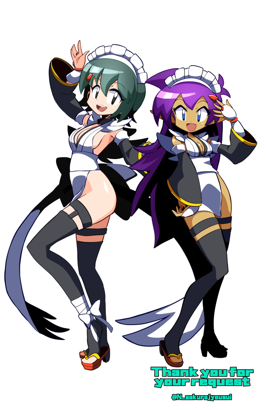 2girls blue_eyes breasts cleavage detached_sleeves highres iroha_(samurai_spirits) large_breasts long_hair maid maid_headdress multiple_girls sakurajyousui_nami samurai_spirits shantae shantae_(series) sideboob snk thighhighs