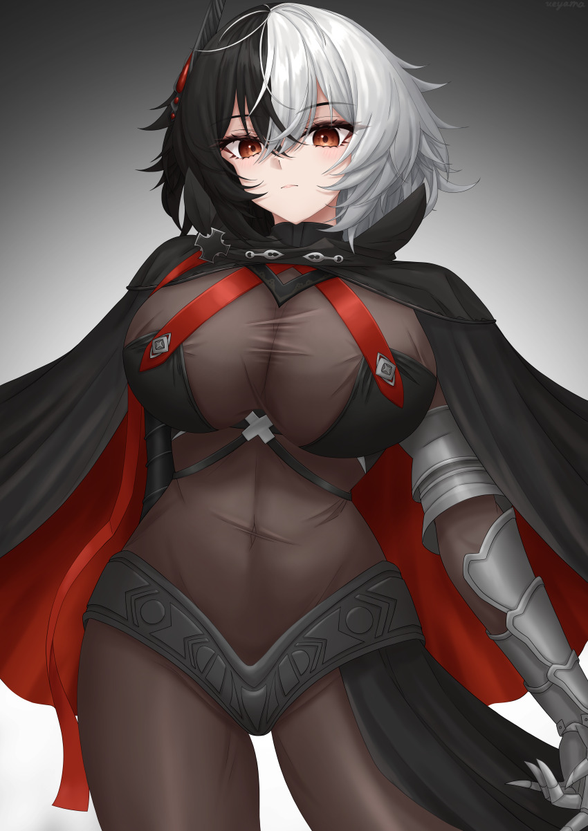 1girl absurdres azur_lane black_cape black_hair bodystocking breasts brown_eyes bruenhilde_(azur_lane) cape closed_mouth commentary_request covered_navel cowboy_shot cross gauntlets hair_between_eyes hand_up highres horns iron_cross large_breasts looking_at_viewer multicolored_hair short_hair solo split-color_hair thighs ueyama_0clock waist_cape white_hair