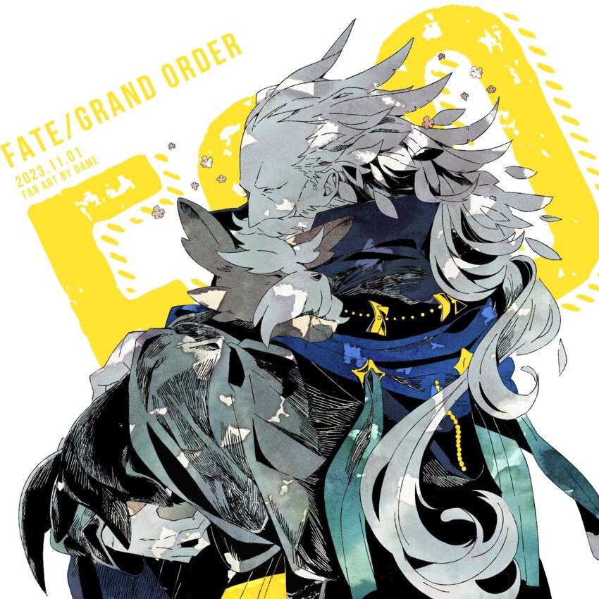 1boy artist_name beard blue_cloak cloak closed_eyes copyright_name dame_(dame_ice) dated facial_hair fate/grand_order fate_(series) gen_5_pokemon herdier highres holding holding_pokemon long_hair male_focus mustache nintendo pokemon pokemon_(creature) ptolemy_(fate) ptolemy_(third_ascension)_(fate)