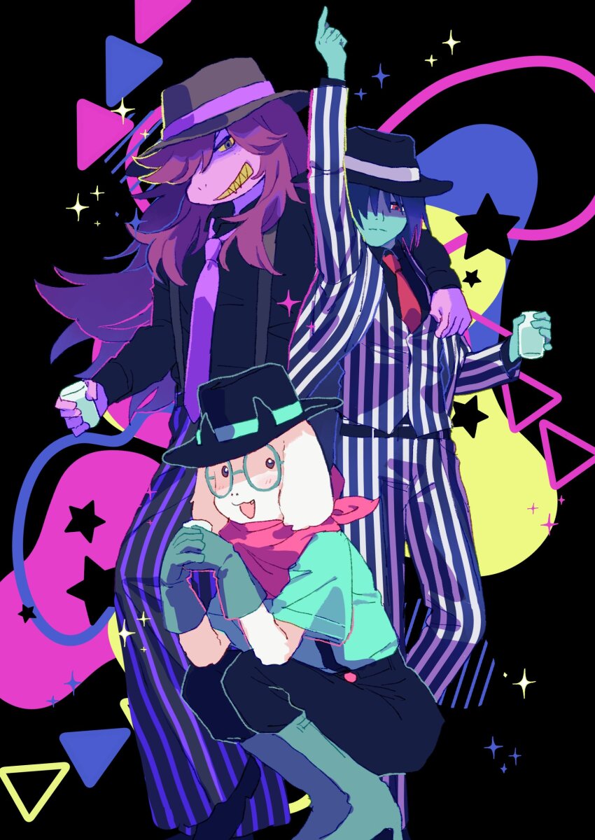 1girl 1other absurdres animal_ears arm_around_shoulder arm_up bandana bandana_around_neck beryllium_game black_hat black_pants black_shirt blue_skin collared_shirt colored_sclera colored_skin commentary cup deltarune english_commentary fedora furry furry_female furry_male gloves goat_boy goat_ears green_gloves green_shirt hair_over_one_eye hat highres holding holding_cup horns jacket kris_(dark_world)_(deltarune) kris_(deltarune) kris_(gangster)_(deltarune) long_hair long_sleeves necktie open_mouth pants pointing pointing_up purple_eyes purple_hair purple_necktie purple_skin ralsei_(gangster) red_bandana red_eyes red_necktie round_eyewear shirt short_sleeves smile squatting star_(symbol) striped_clothes striped_jacket striped_pants striped_vest suit_jacket susie_(dark_world)_(deltarune) susie_(deltarune) susie_(gangster)_(deltarune) suspenders teeth triangle vertical-striped_clothes vertical-striped_jacket vertical-striped_pants vertical-striped_vest vest yellow_sclera