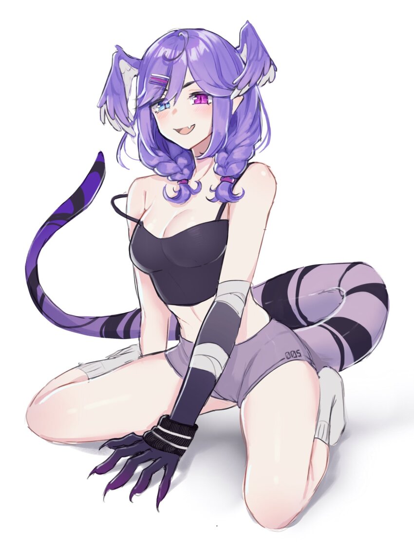 1girl bandages bare_shoulders black_shirt blue_eyes braid breasts camisole casual cleavage crop_top evangellium full_body hair_over_shoulder heterochromia highres kneeling long_hair looking_at_viewer medium_breasts midriff navel nijisanji nijisanji_en open_mouth purple_eyes purple_hair purple_shorts selen_tatsuki shirt short_shorts shorts slit_pupils smile socks solo twin_braids virtual_youtuber