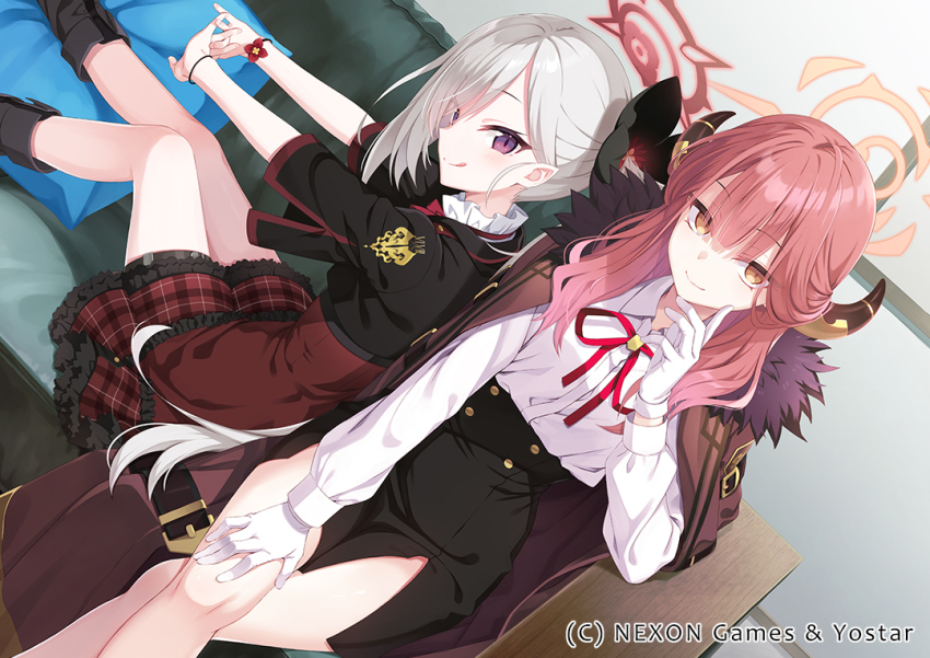 2girls :q aru_(blue_archive) black_footwear black_shirt blue_archive brown_jacket center-flap_bangs closed_mouth clothes_lift collared_shirt commentary_request company_name couch cropped_shirt demon_horns dutch_angle eyes_visible_through_hair feet_out_of_frame finger_to_cheek frilled_skirt frills fur-trimmed_jacket fur_trim gloves grey_hair hair_between_eyes halo hand_on_own_thigh hand_up horns index_finger_raised indoors interlocked_fingers jacket knees_together_feet_apart long_hair long_sleeves looking_at_viewer miniskirt multiple_girls muririn mutsuki_(blue_archive) neck_ribbon on_couch on_table open_clothes open_jacket orange_halo outstretched_arms plaid_clothes plaid_skirt purple_eyes red_hair red_halo red_ribbon red_skirt ribbon shirt short_sleeves side-by-side sitting skirt smile stretching table tongue tongue_out tsurime white_gloves white_shirt yellow_eyes