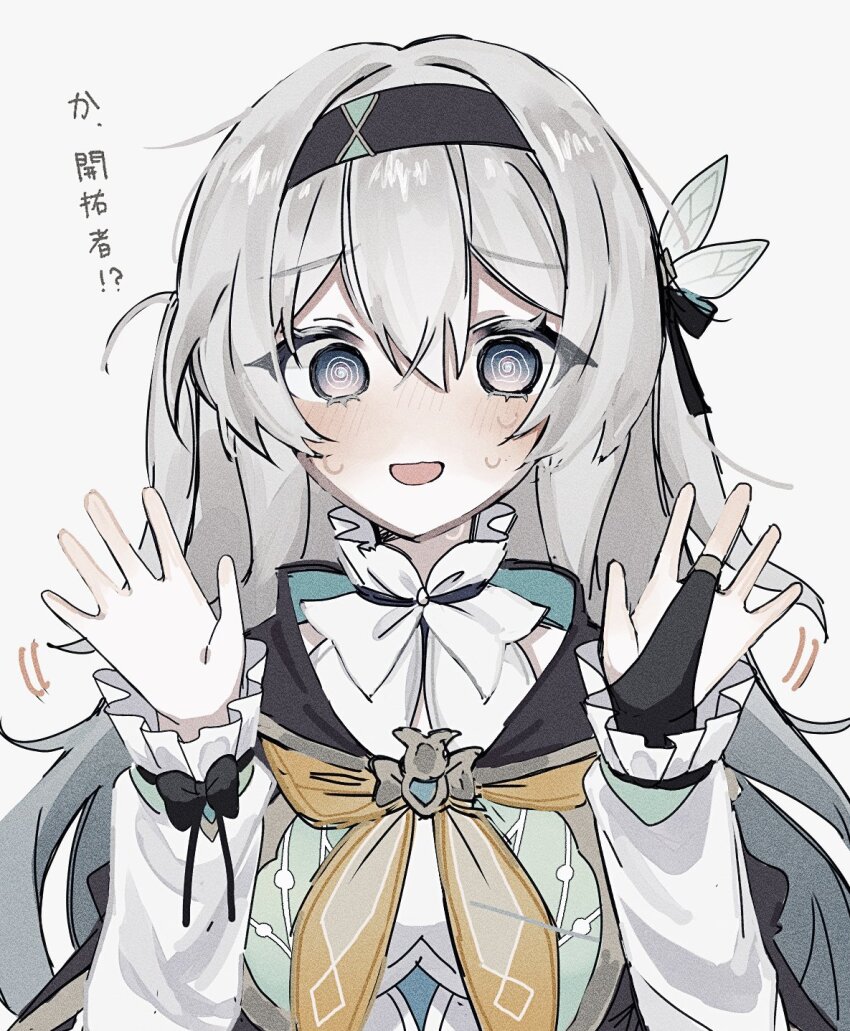 1girl @_@ black_hairband black_jacket blush firefly_(honkai:_star_rail) frilled_sleeves frills grey_hair hair_between_eyes hair_ornament hair_ribbon hairband hands_up highres honkai:_star_rail honkai_(series) hyb_muyuu jacket long_sleeves neckerchief open_mouth orange_neckerchief ribbon ribbon-trimmed_sleeves ribbon_trim simple_background sweatdrop waving_hands white_background white_sleeves
