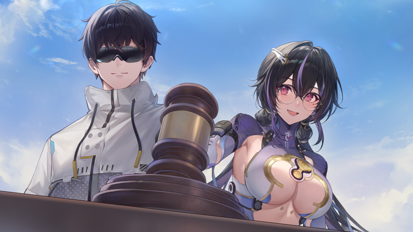 1boy 1girl absurdres adjutant_(snowbreak) armpit_cutout black-framed_eyewear black_hair breasts clothing_cutout collar collared_shrug commentary elbow_gloves english_commentary gavel glasses gloves gradient_clothes highres jacket large_breasts long_hair looking_at_viewer low_twintails mole mole_under_each_eye mole_under_eye multicolored_hair multiple_moles official_art official_wallpaper open_mouth purple_collar purple_eyes purple_hair purple_shrug round_eyewear semi-rimless_eyewear short_hair shrug_(clothing) sidelocks sky smile snowbreak:_containment_zone stomach_cutout streaked_hair sunglasses tight_clothes twintails vidya_shannon white_jacket