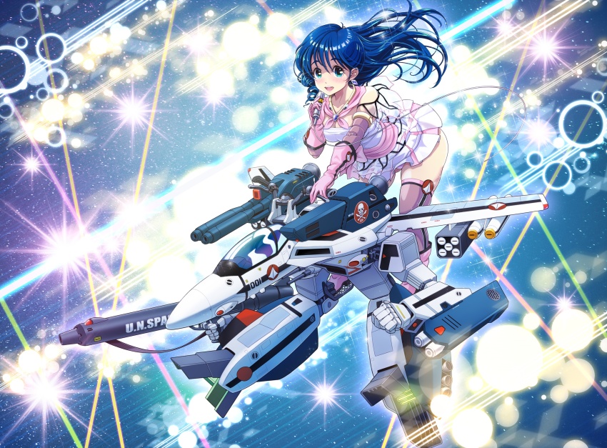 1boy 1girl battle black_hair cable canopy choujikuu_yousai_macross couple dress energy_beam energy_cannon explosion gerwalk giant giantess gloves good_end gunpod handlebar highres ichijou_hikaru laser lynn_minmay maclone macross macross:_do_you_remember_love? mecha microphone missile missile_pod music nuclear_weapon redesign riding robot roundel science_fiction singing skirt songstress space star_(sky) star_(symbol) starry_sky_background strap thrusters u.n._spacy v-mag variable_fighter vf-1 vf-1_strike vf-1s