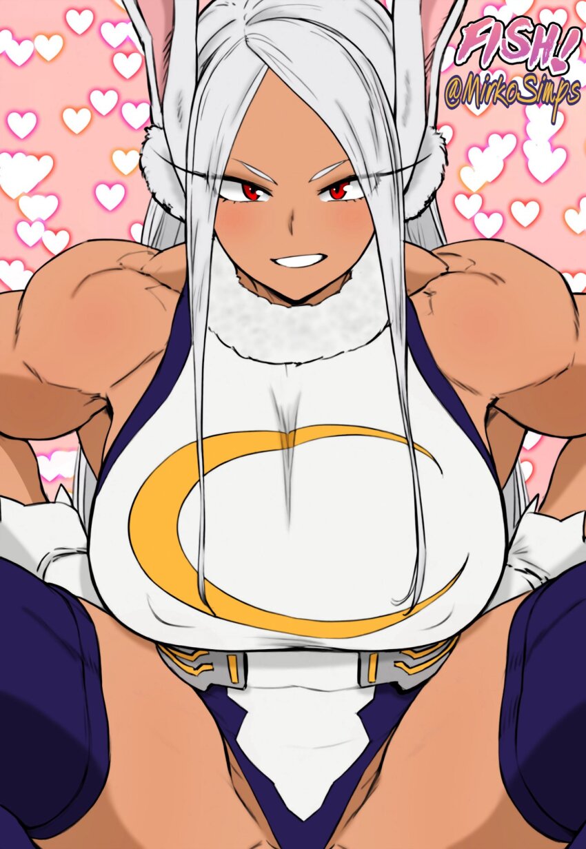 1girl animal_ears artist_collaboration artist_name bare_shoulders boku_no_hero_academia breasts colorized covered_erect_nipples crescent_print dark-skinned_female dark_skin fur_collar gloves heart heart_print highleg highleg_leotard highres large_breasts leotard long_eyelashes long_hair looking_at_viewer mirko mirkosimps muscular muscular_female parallaxfused parted_bangs parted_lips pink_background print_background purple_thighhighs rabbit_ears rabbit_girl red_eyes sleeveless_turtleneck_leotard solo spread_legs squatting taut_leotard thick_thighs thighhighs thighs twitter_username very_long_hair white_gloves white_hair white_leotard