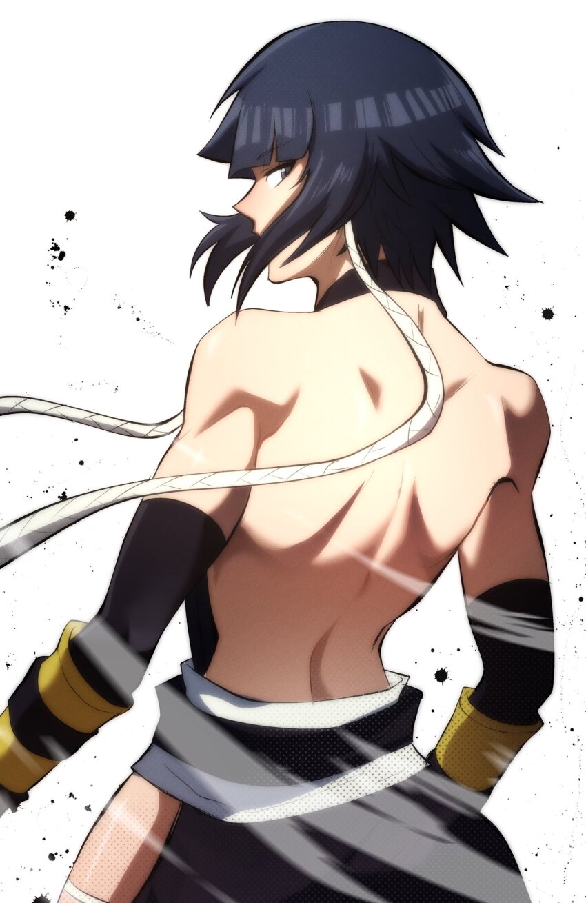 1girl backless_outfit bare_back bare_shoulders black_eyes bleach cowboy_shot from_behind highres looking_at_viewer muscular muscular_female short_hair simple_background solo sui-feng thatamaan toned toned_female white_background