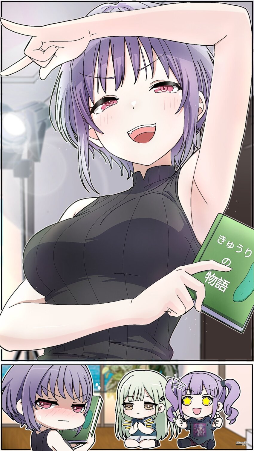 3girls arm_up bang_dream! bang_dream!_it&#039;s_mygo!!!!! black_shirt blue_shirt book breasts clapping closed_mouth commentary drill_hair english_commentary fang green_hair highres holding holding_book izami_md long_hair medium_breasts multiple_girls pink_eyes purple_hair shirt short_hair sleeveless sleeveless_shirt star-shaped_pupils star_(symbol) symbol-shaped_pupils teeth twin_drills udagawa_ako upper_teeth_only wakaba_mutsumi yellow_eyes yuutenji_nyamu