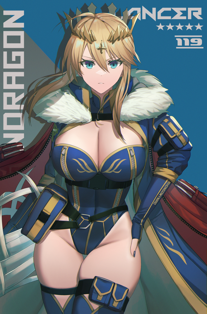 1girl absurdres adapted_costume ahoge artoria_pendragon_(fate) artoria_pendragon_(lancer)_(fate) blonde_hair blue_background blue_coat blue_gloves blue_leotard blue_nails blue_thighhighs blush braid breasts character_name cleavage cleavage_cutout closed_mouth clothing_cutout coat commentary_request contemporary contrapposto cowboy_shot crown dolce_(dolsuke) fate/grand_order fate_(series) frown fur_trim gloves green_eyes groin hair_between_eyes hand_on_own_hip heattech_leotard highleg highleg_leotard highres large_breasts leotard long_hair long_sleeves looking_at_viewer nail_polish revision rhongomyniad_(fate) serious sidelocks skindentation sleeveless sleeveless_turtleneck sleeveless_turtleneck_leotard solo star_(symbol) star_print thighhighs thighs turtleneck