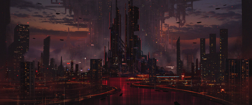 building cityscape cloud commentary_request evening highres megastructure miyoshi_nao_(miyoshist) no_humans original scenery science_fiction sky skyscraper