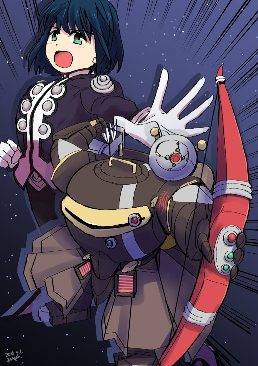 1girl archery artist_name blue_hair breasts dated gloves green_eyes highres kitaooji_hanabi koubu legs looking_at_viewer mecha military_uniform outstretched_arm pants robot sakura_taisen sega serious small_breasts solo thighs