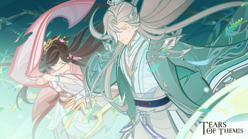 1boy 1girl blue_robe bridal_gauntlets brown_eyes brown_hair clenched_teeth closed_eyes copyright_name grey_hair japanese_clothes kimono long_hair long_sleeves obi official_art open_clothes open_robe robe rosa_(tears_of_themis) sash tears_of_themis teeth very_long_hair vyn_richter_(tears_of_themis) white_kimono wide_sleeves