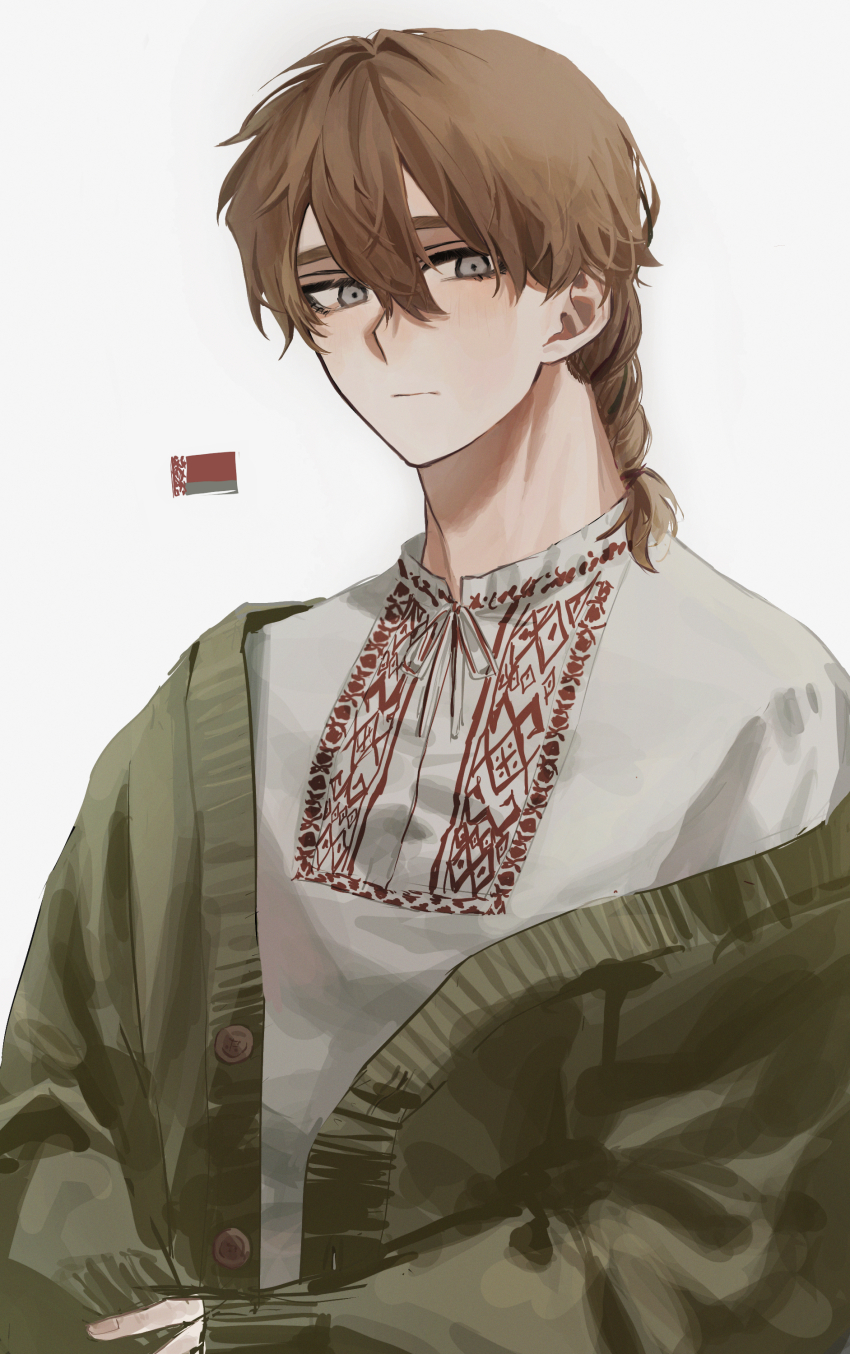 1boy absurdres belarus_(saboten92) belarusian_clothes belarusian_flag braid brown_hair cardigan closed_mouth green_cardigan grey_eyes highres long_hair long_sleeves male_focus neck_ribbon original personification ribbon saboten92 shirt simple_background solo white_background white_ribbon white_shirt
