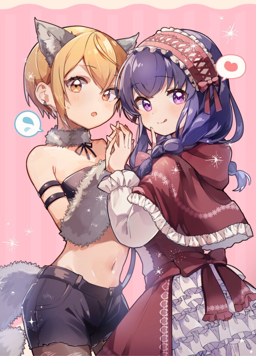 2girls :o :q animal_ears armband bare_shoulders black_shorts black_tube_top braid character_request commentary_request copyright_request cowboy_shot dress frilled_dress frilled_hairband frills hair_between_eyes hairband heart highres holding_hands interlocked_fingers long_hair looking_at_viewer midriff multiple_girls navel orange_eyes orange_hair pantyhose pink_background purple_eyes purple_hair red_dress red_hairband shirano_akihiro short_hair shorts spoken_heart spoken_sweatdrop stomach strapless sweatdrop tail tongue tongue_out torn_clothes torn_pantyhose tube_top twin_braids white_sleeves wolf_ears wolf_girl wolf_tail