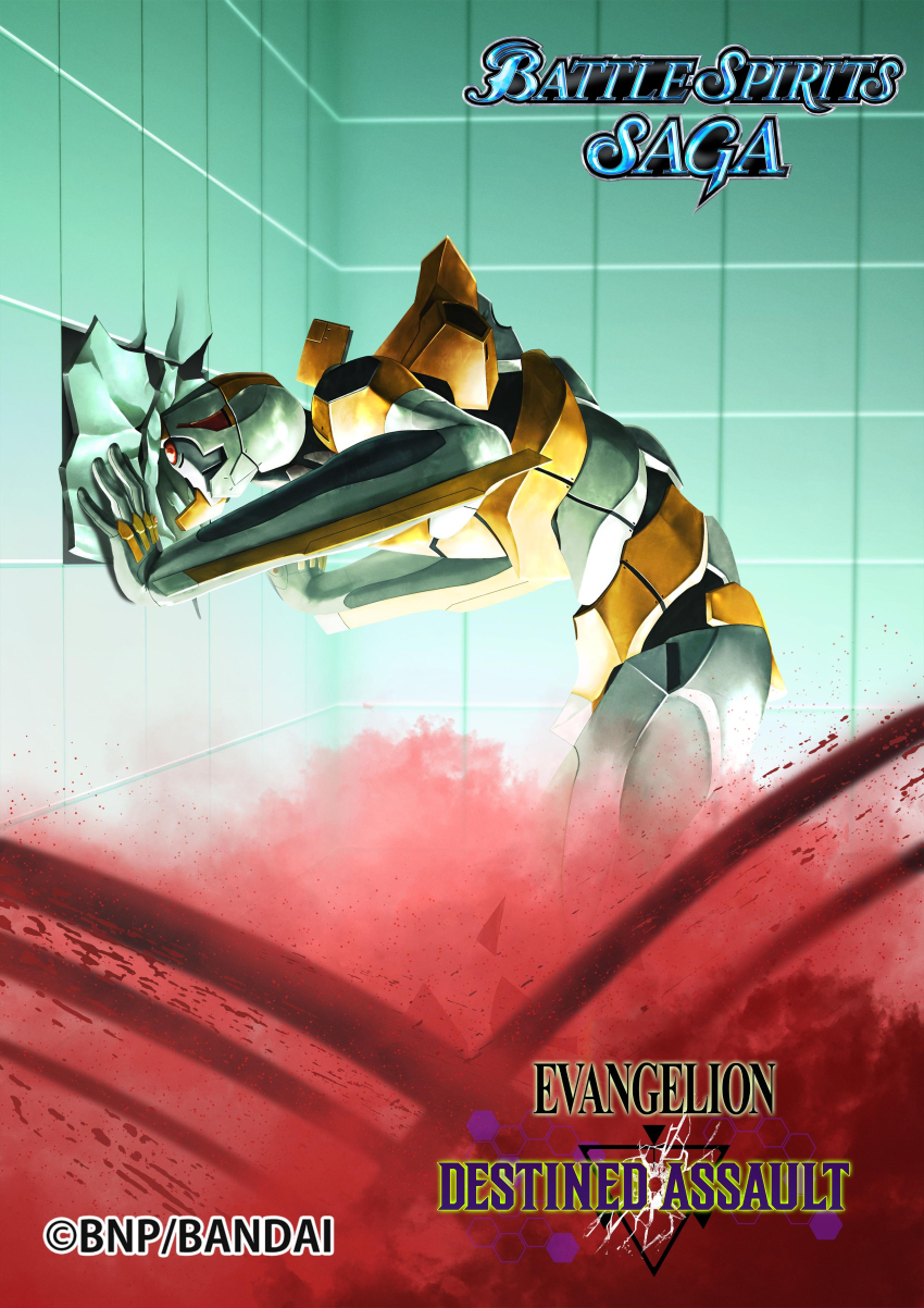 absurdres battle_spirits copyright_name eva_00 evangelion:_1.0_you_are_(not)_alone evangelion_(mecha) from_side hand_on_wall highres leaning_forward mecha mecha_focus neon_genesis_evangelion no_humans official_art one-eyed rebuild_of_evangelion red_eyes robot science_fiction tsubasansan