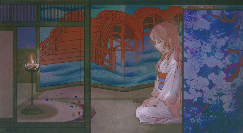1girl architecture binggu573 blue_sash closed_eyes commentary_request east_asian_architecture fire folded_fan folding_fan hand_fan highres holding holding_fan indoors japanese_clothes kimono long_hair obi open_mouth pink_hair saigyouji_yuyuko saigyouji_yuyuko_(living) sash smile solo touhou wavy_hair white_kimono