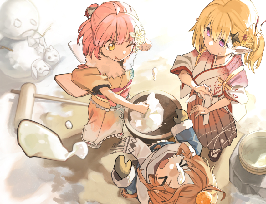 &gt;_&lt; 3girls absurdres alternate_costume blonde_hair blue_kimono breasts brown_hair bucket candy chieru_(princess_connect!) chloe_(princess_connect!) closed_mouth flower food food_on_face hair_bun hair_flower hair_ornament hairpin hakama highres japanese_clothes kimono kine lollipop mallet mittens mochi mochitsuki multiple_girls new_year okobo one_eye_closed open_mouth outdoors pink_eyes pink_hair pink_kimono platform_sandals pointy_ears ponytail princess_connect! punching sandals short_hair short_ponytail side_ponytail sleeves_pushed_up small_breasts snowman socks standing star_(symbol) star_in_eye sweatdrop symbol_in_eye tongue tongue_out tyaui_(xjju4435) white_socks yellow_eyes yellow_kimono yuni_(princess_connect!)