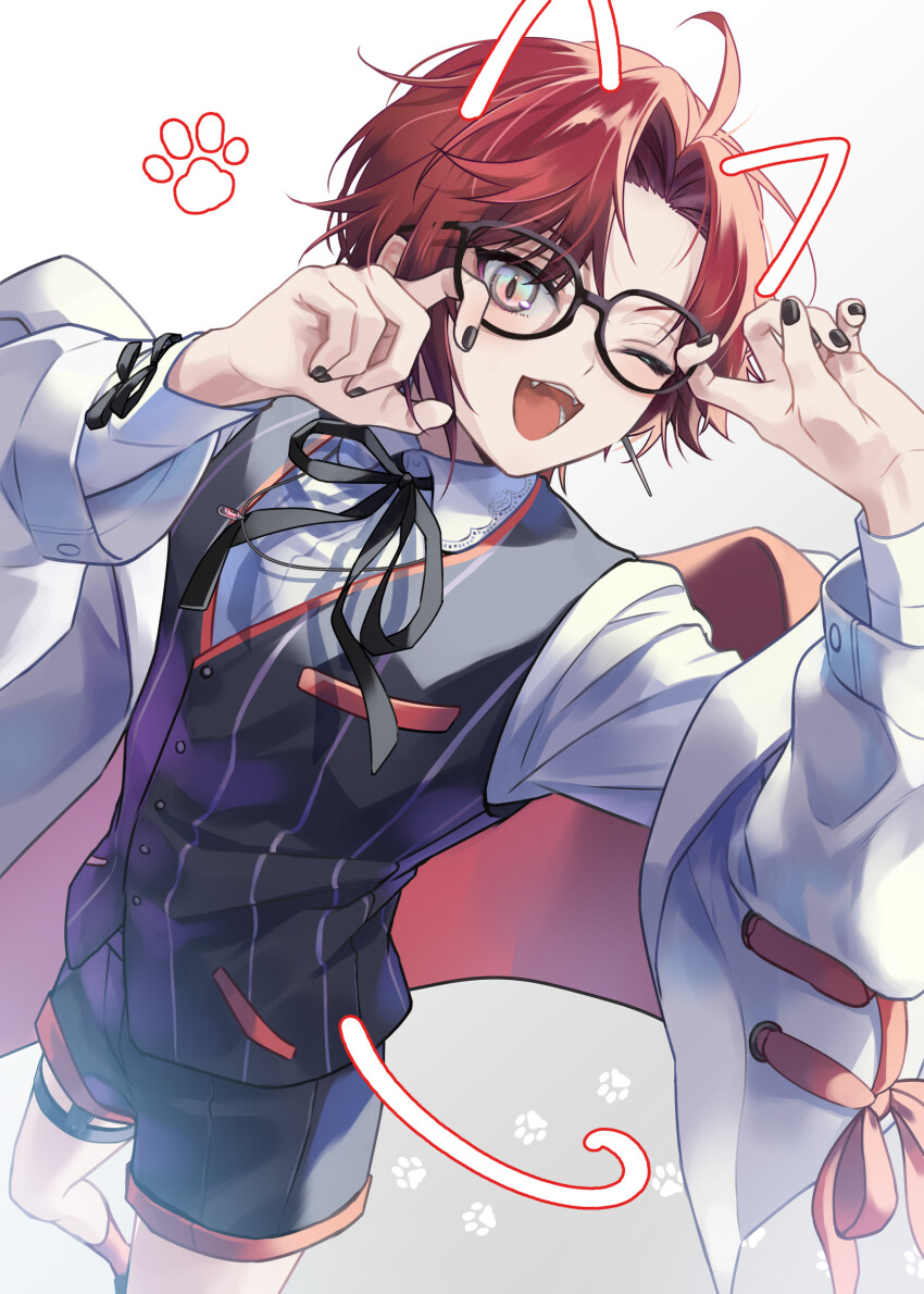 1boy ;d absurdres ahoge black-framed_eyewear black_nails black_ribbon black_shorts black_vest blue_eyes coat collared_shirt commentary curtained_hair drawn_ears drawn_tail fangs glasses green_eyes grey_background highres holostars holostars_english lensless_glasses long_sleeves looking_at_viewer luma8b machina_x_flayon male_focus multicolored_eyes nail_polish one_eye_closed open_clothes open_coat open_mouth paw_print paw_print_background pink_eyes red_hair ribbon shirt short_hair shorts simple_background smile solo striped_clothes striped_vest symbol-only_commentary vertical-striped_clothes vertical-striped_vest vest virtual_youtuber white_coat white_shirt wing_collar