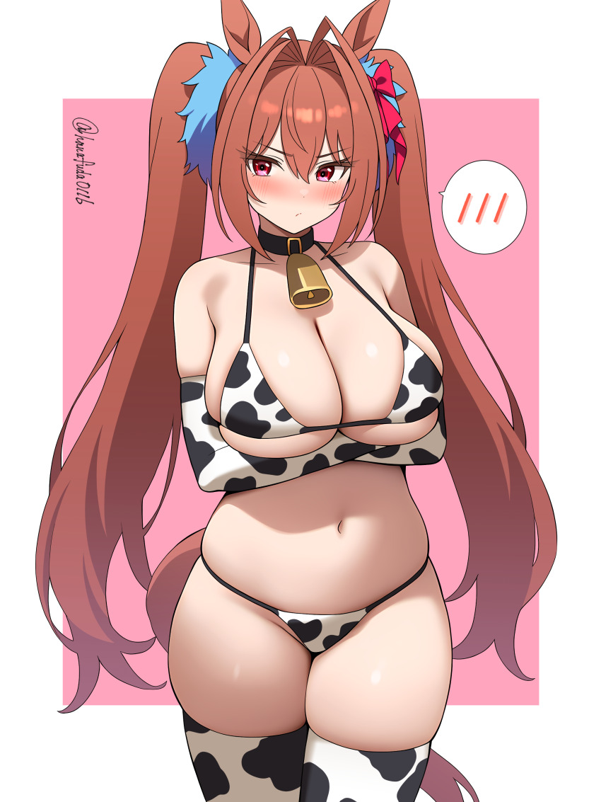 1girl :/ absurdres alternate_costume animal_ears animal_print antenna_hair arms_under_breasts bell bikini black_collar blush border breasts brown_hair cleavage collar cow_print cow_print_bikini cow_print_gloves cow_print_thighhighs cowbell crossed_arms daiwa_scarlet_(umamusume) gloves hair_between_eyes hair_intakes hair_ribbon hanafuda_(hanafuda0116) highres horse_ears horse_girl horse_tail large_breasts long_hair looking_at_viewer micro_bikini navel neck_bell pink_background print_bikini print_gloves print_thighhighs red_eyes ribbon solo spoken_blush stomach swimsuit tail thighhighs thighs twintails twitter_username umamusume very_long_hair white_border