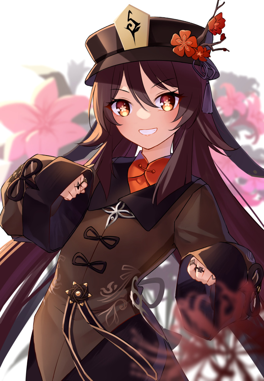 1girl 53c_(ray_cordova) black_headwear black_skirt blurry blurry_background blurry_foreground brown_eyes brown_hair brown_jacket commentary depth_of_field duplicate flower flower-shaped_pupils genshin_impact grin hair_between_eyes highres hu_tao_(genshin_impact) jacket long_hair long_sleeves looking_at_viewer pink_flower pixel-perfect_duplicate red_flower red_shirt shirt skirt sleeves_past_fingers sleeves_past_wrists smile solo spider_lily symbol-shaped_pupils very_long_hair white_background