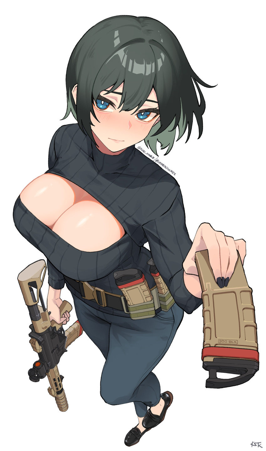 1girl absurdres ar-15 artist_name assault_rifle belt belt_buckle belt_pouch black_belt black_hair black_nails black_pants black_sweater blue_eyes blush breasts bright_pupils buckle center_opening cleavage closed_mouth eyelashes foreshortening from_side full_body gun hair_between_eyes highres holding holding_gun holding_magazine_(weapon) holding_weapon initial kuso_otoko light_blush lillie_(uragoner) looking_at_viewer looking_to_the_side looking_up magazine_(weapon) original paid_reward_available pants perspective pouch rifle short_hair signature simple_background sweater twitter_username weapon white_background white_pupils