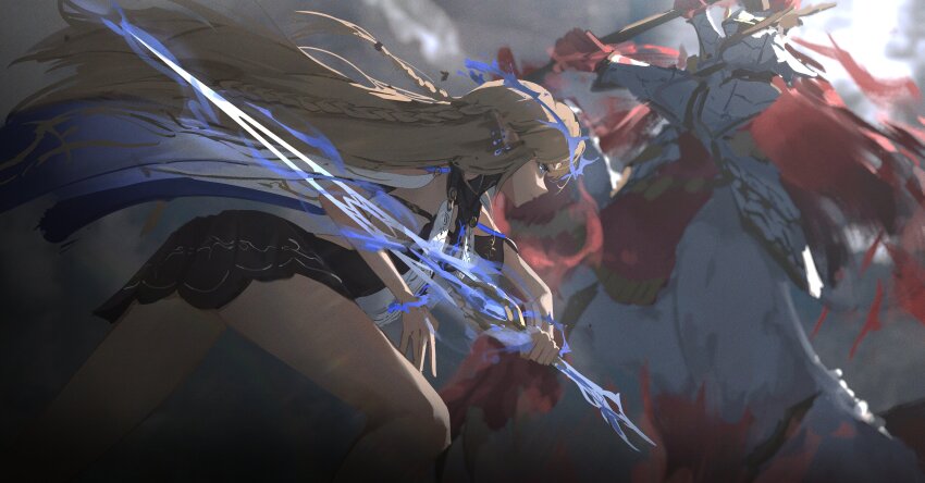 1girl absurdres arsinosa_(wuthering_waves) black_collar black_dress blonde_hair blue_eyes cartethyia_(wuthering_waves) collar commentary crown_of_thorns dress earrings eien_001 feet_out_of_frame highres holding holding_sword holding_weapon jewelry necklace pointy_ears solo sword tacet_discord_(wuthering_waves) thighs weapon wuthering_waves