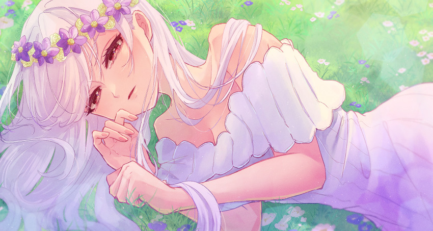 1girl alternate_costume bare_shoulders blurry bokeh breasts cleavage depth_of_field dress eiai_nano flower flower_wreath highres kimi_no_koto_ga_dai_dai_dai_dai_daisuki_na_100-nin_no_kanojo long_hair lying oknomyk on_grass on_side parted_lips red_eyes ribbed_dress solo strapless twitter_username upper_body white_hair