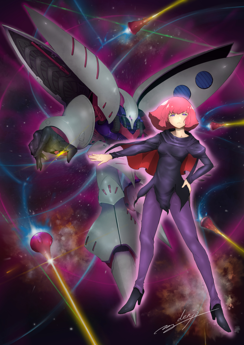 1girl capelet denjyou23 dress full_body funnels_(gundam) gundam haman_karn high_heels highres looking_at_viewer mecha mobile_suit outstretched_arm pants pink_hair purple_eyes purple_pants qubeley robot science_fiction short_dress short_hair space star_(sky) zeta_gundam zeta_gundam_define