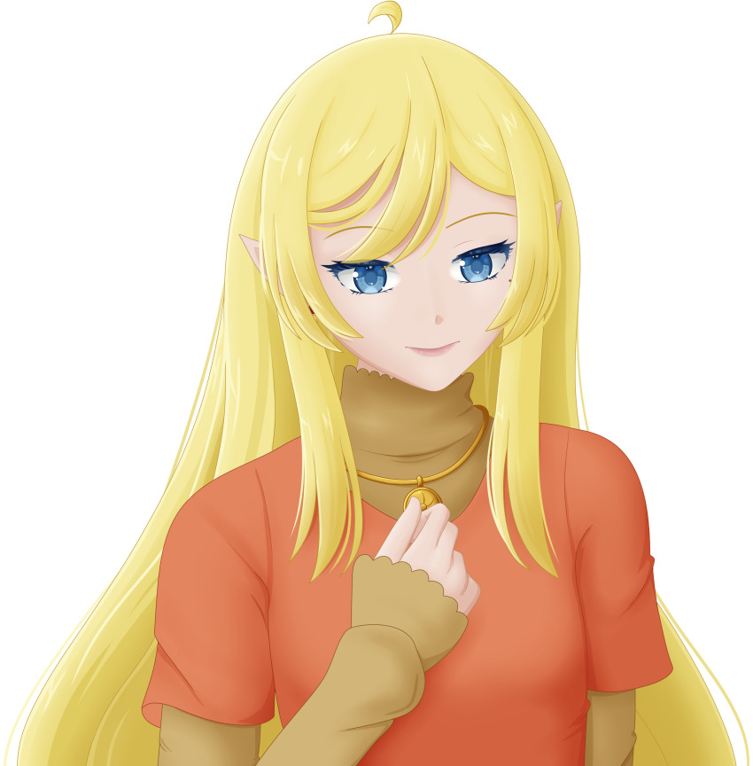 1girl absurdres ahoge blonde_hair blue_eyes commission commissioner_upload dress elf flat_chest hand_on_own_chest hand_up highres jewelry long_hair long_sleeves looking_at_viewer lotte_farona mole mole_under_eye necklace official_art orange_dress pointy_ears selinanovalight shirt short_sleeves sidelocks sleeves_past_wrists smile solo upper_body very_long_hair ways_of_darkness_(series)