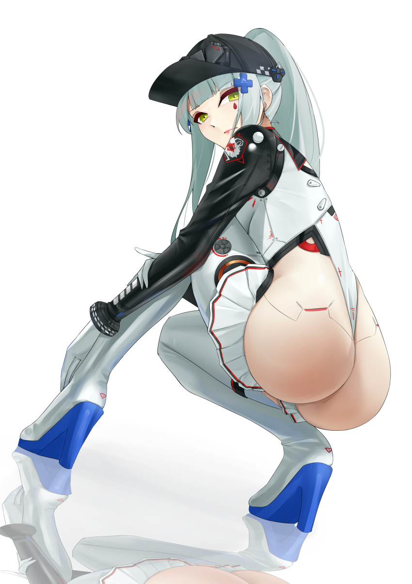 1girl absurdres aqua_eyes ass baseball_cap black_bodysuit black_shrug bodysuit casperrin cross_hair_ornament frilled_bodysuit from_behind girls&#039;_frontline girls&#039;_frontline_2:_exilium green_eyes hair_ornament hat highres hk416_(girls&#039;_frontline) klukai_(girls&#039;_frontline_2) klukai_(speed_star)_(girls&#039;_frontline_2) long_hair looking_at_viewer looking_back official_alternate_costume ponytail reflection shrug_(clothing) solo squatting tattoo teardrop teardrop_facial_mark teardrop_tattoo two-tone_bodysuit white_background white_bodysuit