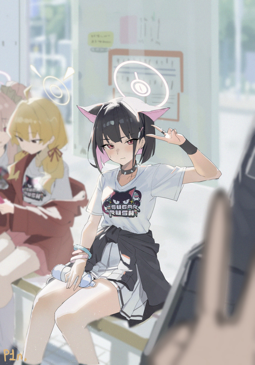 4girls absurdres airi_(blue_archive) animal_ears black_hair blonde_hair blue_archive blurry blurry_background bottle clothes_writing commentary_request female_pov halo highres holding holding_bottle horse_ears kazusa_(band)_(blue_archive) kazusa_(blue_archive) multicolored_hair multiple_girls natsu_(band)_(blue_archive) natsu_(blue_archive) official_alternate_costume p1n pink_hair pov red_eyes shirt short_hair sitting skirt thighs two-tone_hair v white_halo white_shirt white_skirt yellow_halo yoshimi_(band)_(blue_archive) yoshimi_(blue_archive)