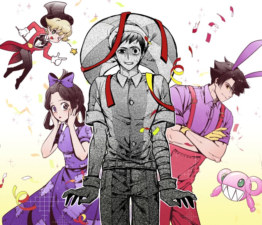 1girl 3boys ace_attorney bandaged_arm bandages belt black_bow black_bowtie black_hat blonde_hair bow bowtie brown_hair caine_(the_amazing_digital_circus) caine_(the_amazing_digital_circus)_(cosplay) character_request check_character coat colored_sclera confetti cosplay crossed_arms dress gkt_eo gloves gradient_background green_eyes hair_bow hair_rings hands_on_own_face hat herlock_sholmes heterochromia highres jax_(the_amazing_digital_circus) jax_(the_amazing_digital_circus)_(cosplay) kazuma_asogi medium_hair multiple_boys one_eye_closed overalls pomni_(the_amazing_digital_circus) pomni_(the_amazing_digital_circus)_(cosplay) purple_bow purple_dress purple_eyes purple_shirt ragatha_(the_amazing_digital_circus) ragatha_(the_amazing_digital_circus)_(cosplay) red_coat red_overalls ryunosuke_naruhodo shirt short_hair sparkle susato_mikotoba sweat tailcoat the_amazing_digital_circus the_great_ace_attorney top_hat white_gloves yellow_gloves yellow_sclera