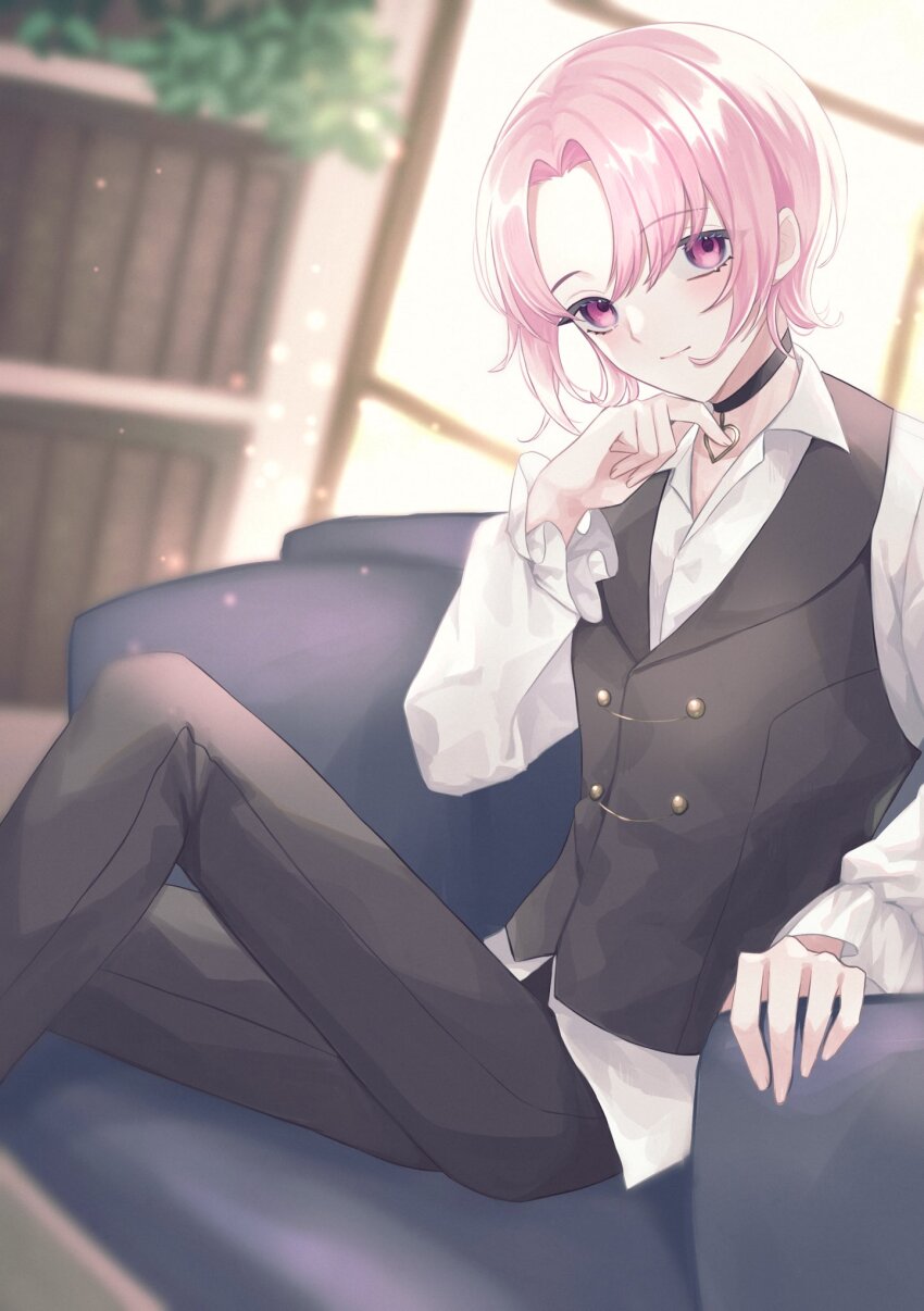 1boy akikawa_higurashi arm_rest black_choker black_pants black_vest blurry blurry_background bookshelf borrowed_character choker closed_mouth couch curtained_hair cushion feet_out_of_frame frilled_sleeves frills hair_between_eyes hand_on_own_chin heart heart_choker highres indoors knee_up lapels light_particles looking_at_viewer original pants pink_eyes pink_hair shawl_lapels shirt short_hair sidelocks sideways_glance sitting smile solo untucked_shirt vest white_shirt window wing_collar