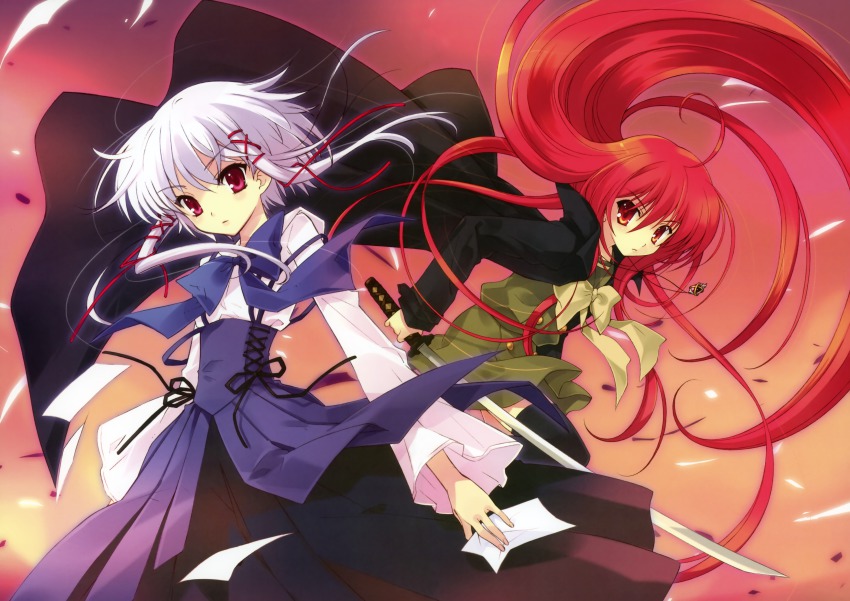 00s 2girls absurdres crossover dress highres ito_noizi long_hair morimiya_aono multiple_girls nanao_naru red_eyes red_hair scan shakugan_no_shana shana sola sword weapon