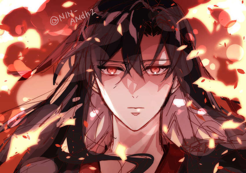 1boy bishounen black_hair black_hanfu chinese_clothes closed_mouth embers expressionless fire hair_between_eyes hair_down hair_ribbon half_updo hanfu highres hyottokoane long_hair looking_at_viewer male_focus modao_zushi official_alternate_hairstyle portrait red_eyes red_ribbon red_theme ribbon sketch solo twitter_username upper_body wei_wuxian wei_wuxian_(yiling_laozu)