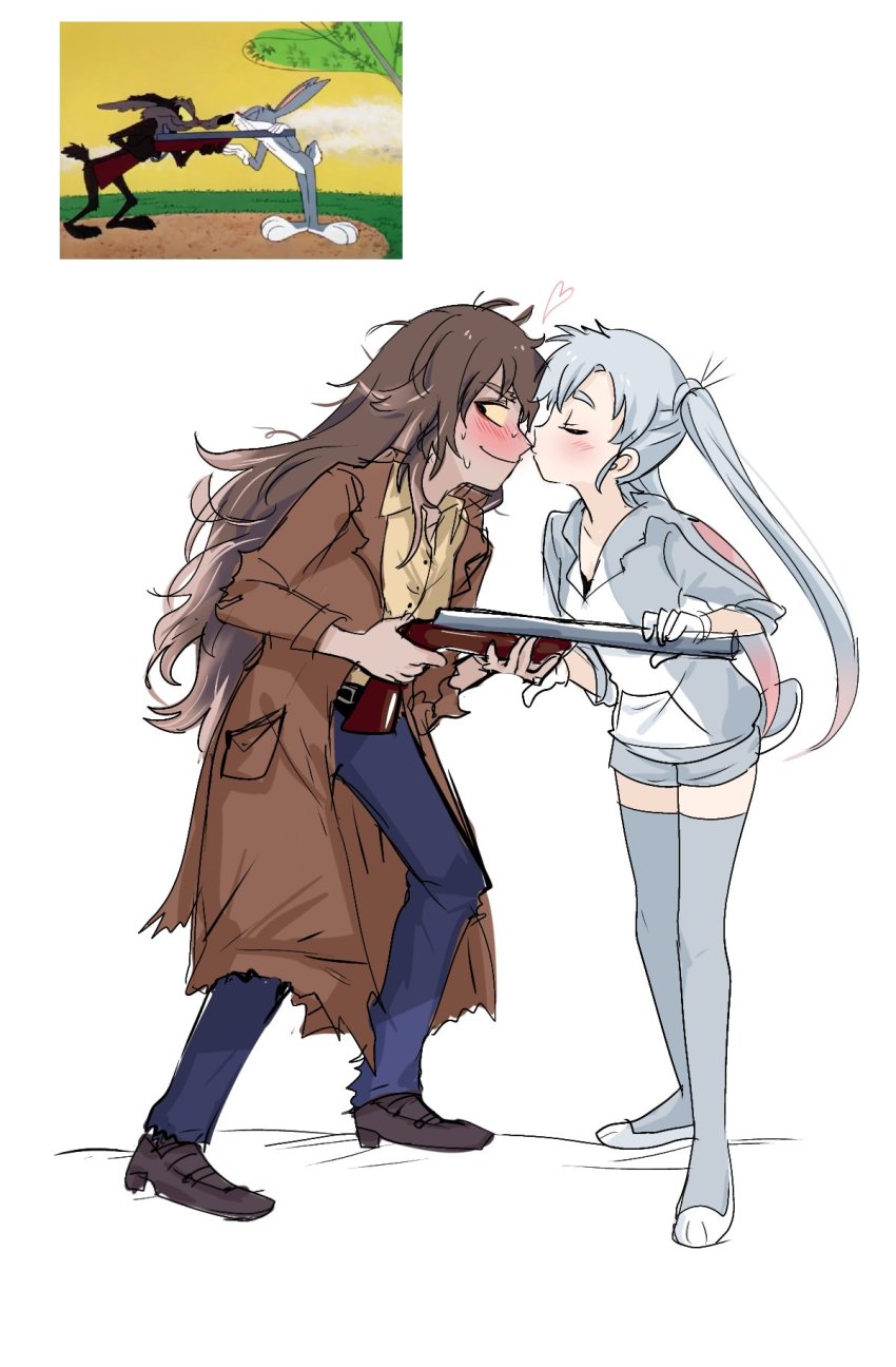 brown_hair bugs_bunny embarrassed gender_request genderswap highres himuhino kiss looney_tunes messy_hair rabbit rabbit_tail tagme tail wile_e_coyote yuri
