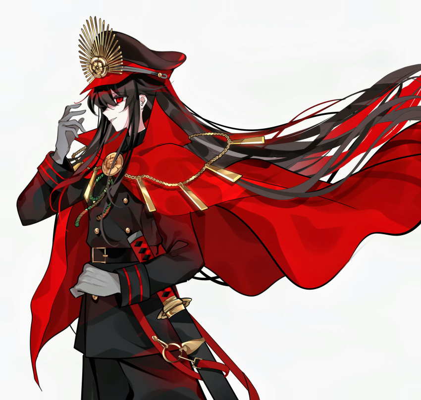 1girl absurdres belt black_belt black_hair black_hat black_jacket black_pants buttons cape commentary fate/grand_order fate_(series) from_side gloves hat highres jacket katana long_sleeves oda_nobunaga_(fate) oda_nobunaga_(koha-ace) oda_uri pants peaked_cap red_cape red_eyes simple_background smile solo sword symbol-only_commentary upper_body weapon white_background white_gloves wind xixing_chun