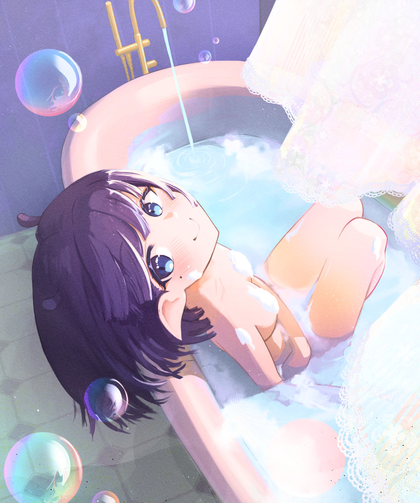 1girl absurdres bath bathing bathtub besi_(besidoesart) blue_eyes breasts closed_mouth curtains highres hololive hololive_english indoors knees_up looking_at_viewer ninomae_ina&#039;nis nude pointy_ears purple_hair small_breasts smile soap_bubbles solo tentacle_hair virtual_youtuber water