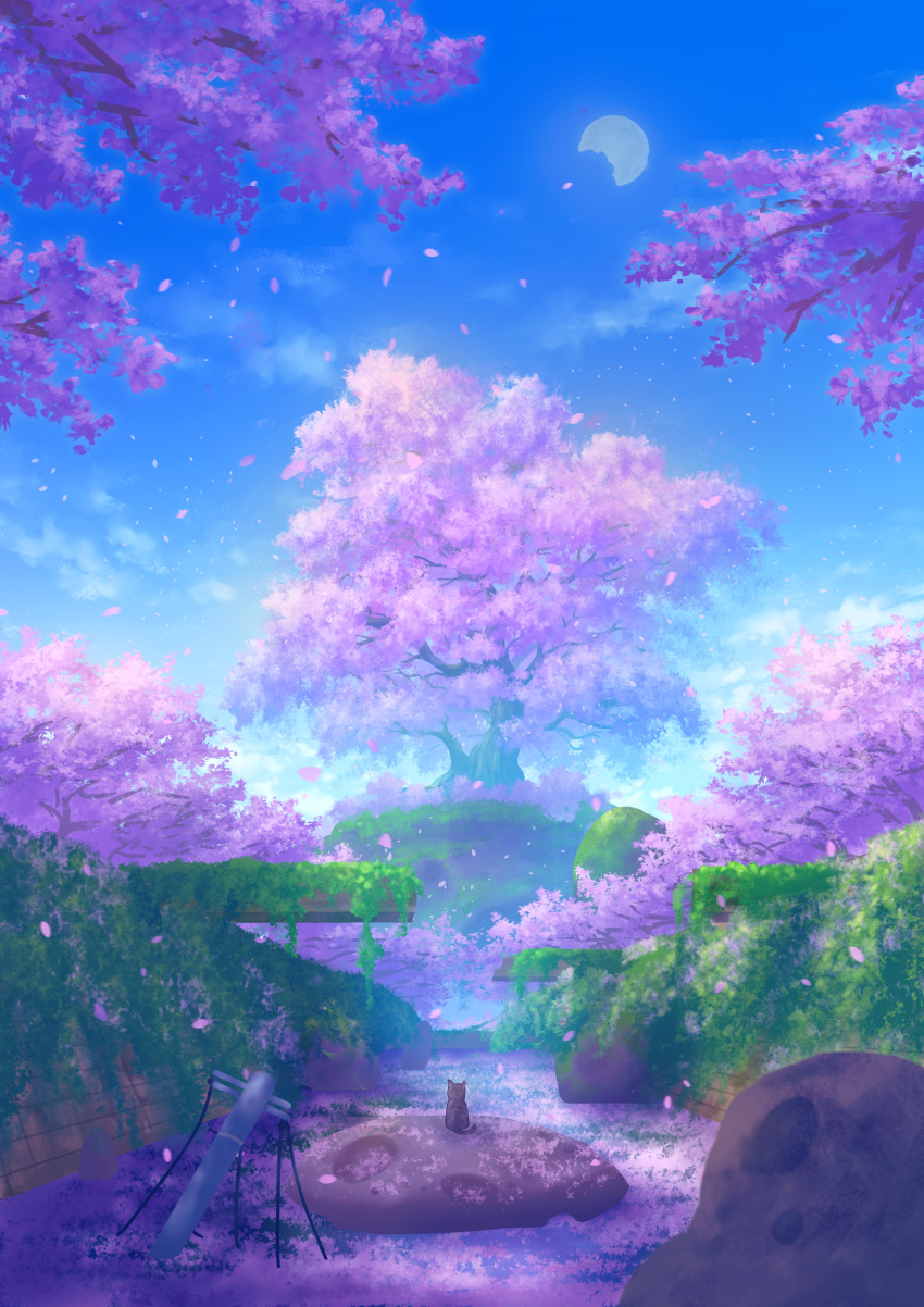 absurdres au_ito blue_sky brick_wall canal cat cherry_blossoms cloud commentary_request falling_petals fantasy grass highres moon nature no_humans original outdoors overgrown oversized_plant petals plant rock ruins say scenery sky telescope tree vines