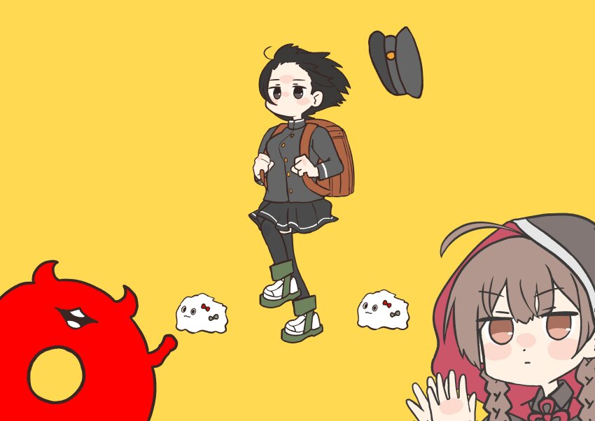 2girls absurdres abyssal_ship ahoge akitsu_maru_(kancolle) akitsu_maru_kai_(kancolle) backpack bag black_eyes black_hair black_jacket black_skirt black_thighhighs braid brown_eyes brown_hair capelet clapping daichi_(daiti1318) enemy_lifebuoy_(kancolle) gakuran hat highres hood hood_up hooded_capelet jacket kantai_collection kyoufuu_all_back_(vocaloid) long_hair miss_cloud multiple_girls parody peaked_cap pleated_skirt school_uniform shinshuu_maru_(kancolle) short_hair skirt thighhighs twin_braids unworn_hat unworn_headwear