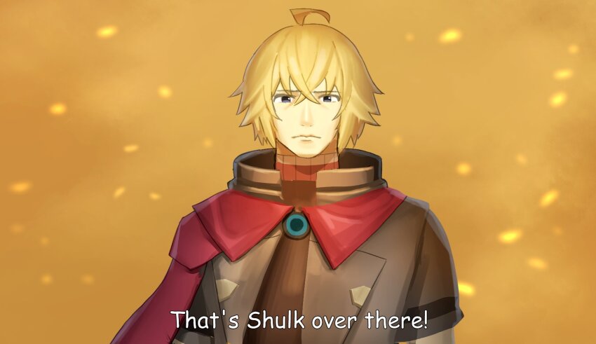 1boy ahoge blonde_hair english_text hair_between_eyes highres medaman scene_reference shulk_(xenoblade) solo subtitled turtleneck upper_body xenoblade_chronicles_(series) xenoblade_chronicles_1 xenoblade_chronicles_3