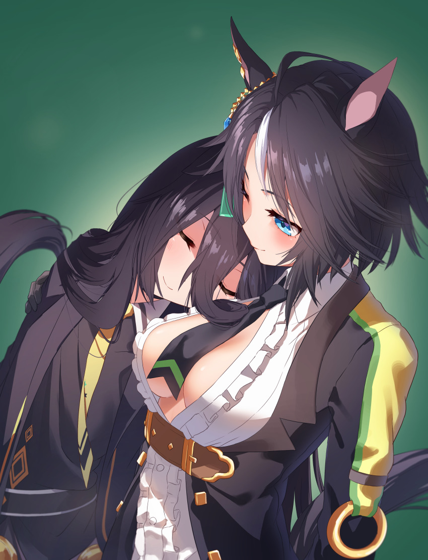 2girls absurdres ahoge animal_ears black_hair black_necktie black_sweater_vest blue_eyes breasts center_frills cleavage closed_eyes closed_mouth collared_shirt commentary cowboy_shot ear_ornament ear_piercing flat_chest frilled_shirt frills fuji_kiseki_(umamusume) gloves green_background hair_between_eyes hand_on_another&#039;s_arm highres horse_ears horse_girl horse_tail jacket leaning_on_person long_bangs long_hair long_hair_between_eyes long_sleeves looking_at_another manhattan_cafe_(umamusume) medium_breasts multicolored_hair multiple_girls necktie o-ring one_eye_closed open_clothes open_jacket partially_unbuttoned piercing reo-illust4696 shirt short_hair sidelocks sleeping smile standing sweater_vest tail umamusume underbust white_hair white_shirt yellow_necktie