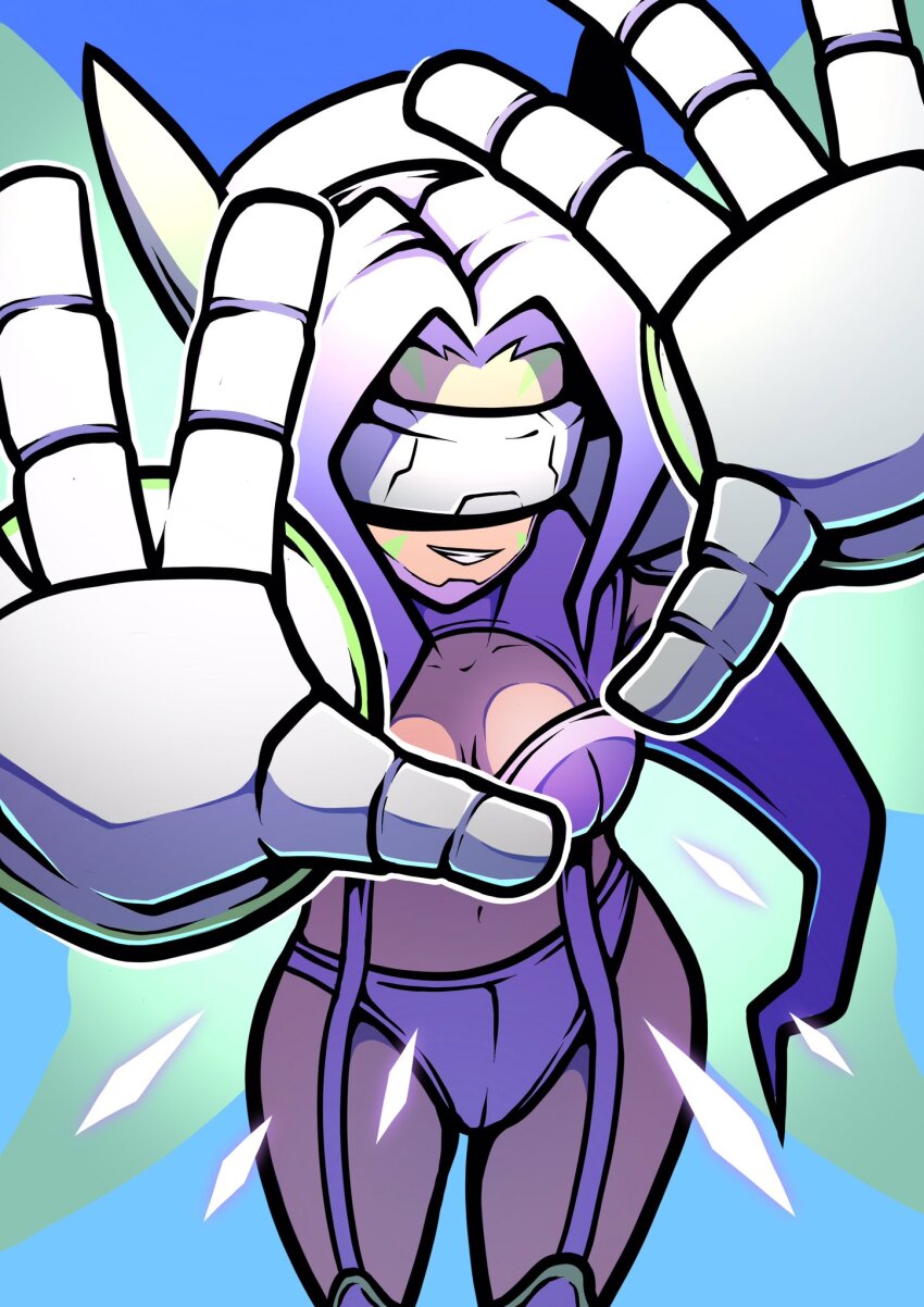 1girl bikini blue_background breasts cleavage cowboy_shot danzart_24 digimon digimon_(creature) digimon_frontier fairimon fairy_wings head-mounted_display highres long_hair parted_lips purple_bikini purple_hair simple_background smile solo swimsuit teeth wings