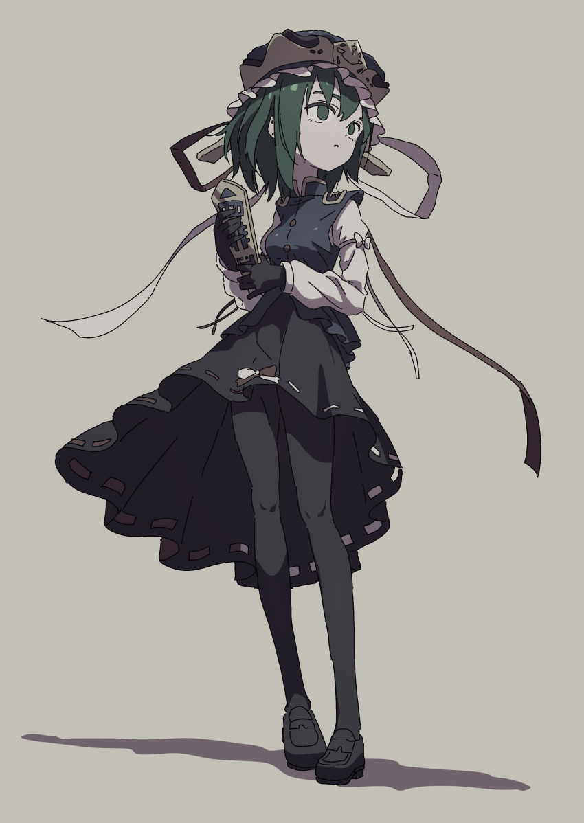 1girl absurdres black_gloves black_pantyhose blue_eyes gloves green_hair hat highres loafers long_sleeves pantyhose rod_of_remorse shiki_eiki shirt shoes short_hair simple_background skirt touhou uzou_(uzooooooooo) vest