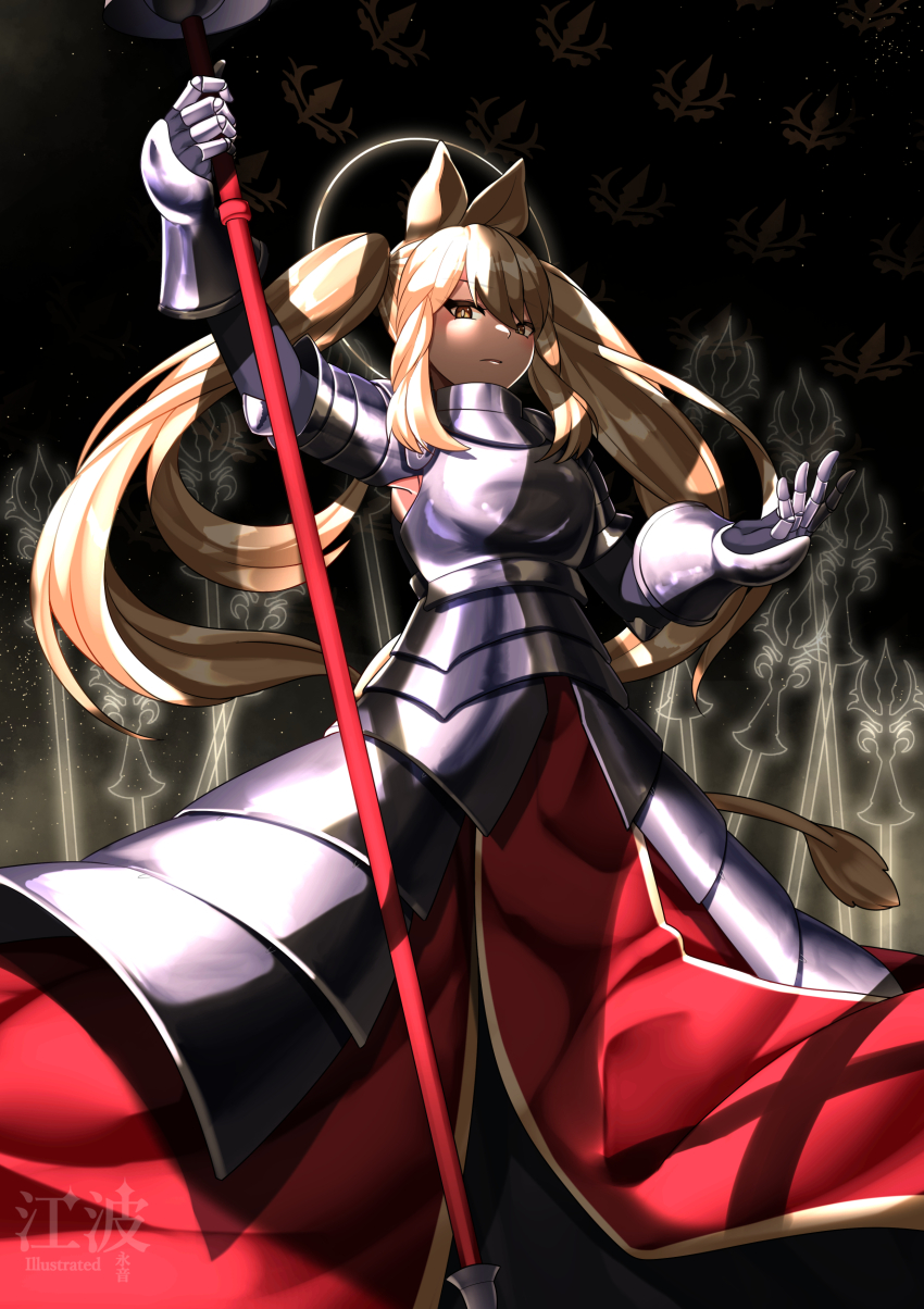 1girl absurdres animal_ears armor blonde_hair extra_ears gloves highres holding holding_polearm holding_weapon kawanami_eito kemono_friends lance long_hair looking_at_viewer polearm rhinoceros_ears rhinoceros_girl simple_background skirt solo tail twintails weapon white_rhinoceros_(kemono_friends) yellow_eyes