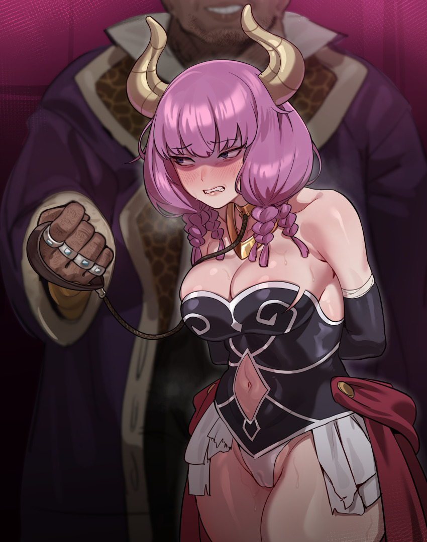 1boy 1girl 5t_(5t_000) absurdres arms_behind_back aura_(sousou_no_frieren) bare_shoulders black_corset black_gloves braid breasts cameltoe cleavage clenched_teeth clothing_cutout commentary corset dark-skinned_male dark_skin demon_girl demon_horns elbow_gloves english_commentary gloves gold_necklace highres holding holding_leash horns jewelry large_breasts leash long_hair looking_back low-braided_long_hair low-tied_long_hair multiple_braids multiple_rings navel navel_cutout necklace panties ring shaded_face skirt sousou_no_frieren teeth torn_clothes torn_skirt underwear white_panties white_skirt