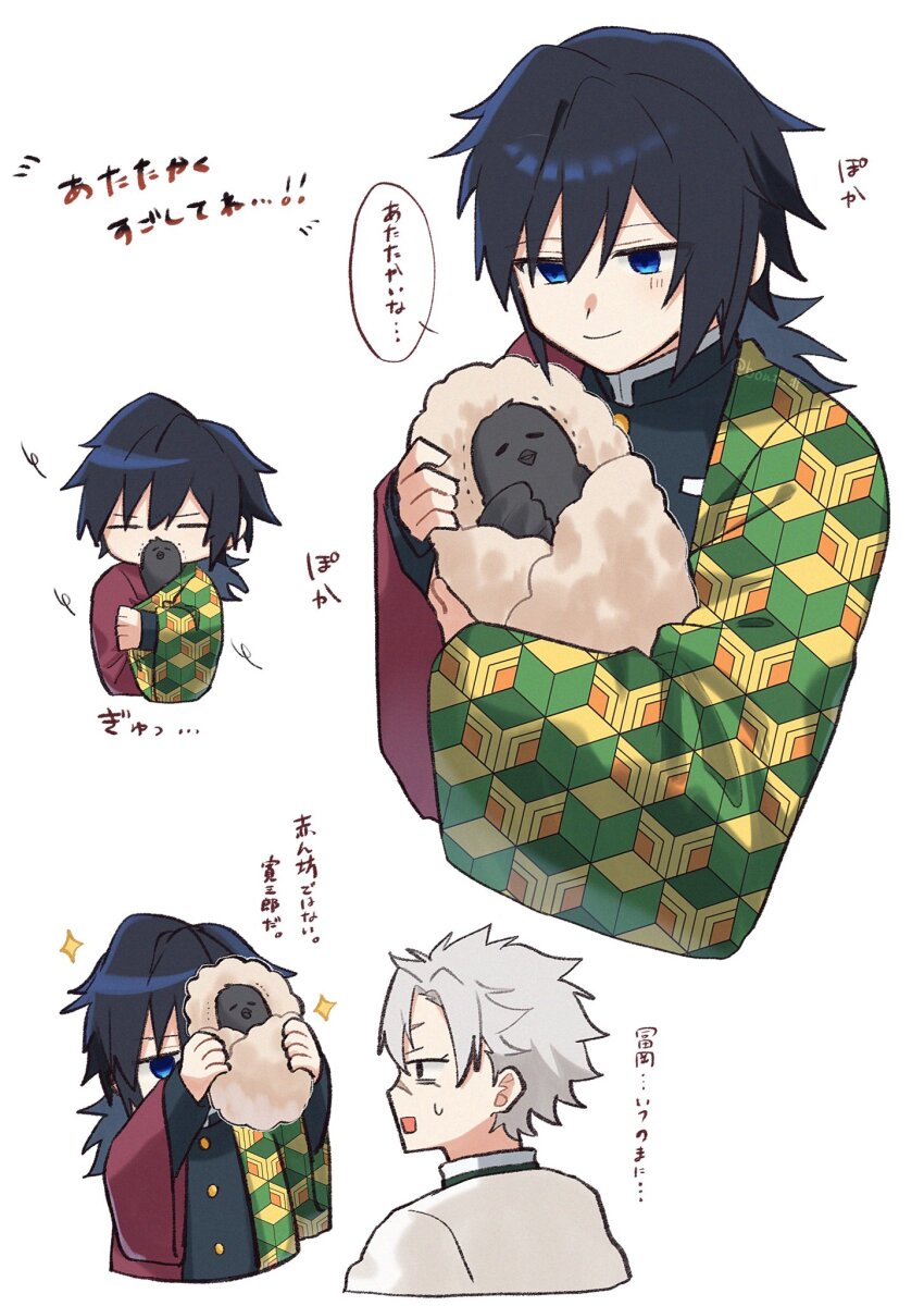 2boys bird black_hair black_jacket blue_eyes bont_ill chibi closed_eyes crow demon_slayer_uniform grey_hair haori high_collar highres jacket japanese_clothes kanzaburou_(kimetsu_no_yaiba) kikkoumon kimetsu_no_yaiba long_hair low_ponytail male_focus multiple_boys multiple_views ponytail print_haori red_haori short_hair speech_bubble spiked_hair sweatdrop tomioka_giyuu translation_request upper_body